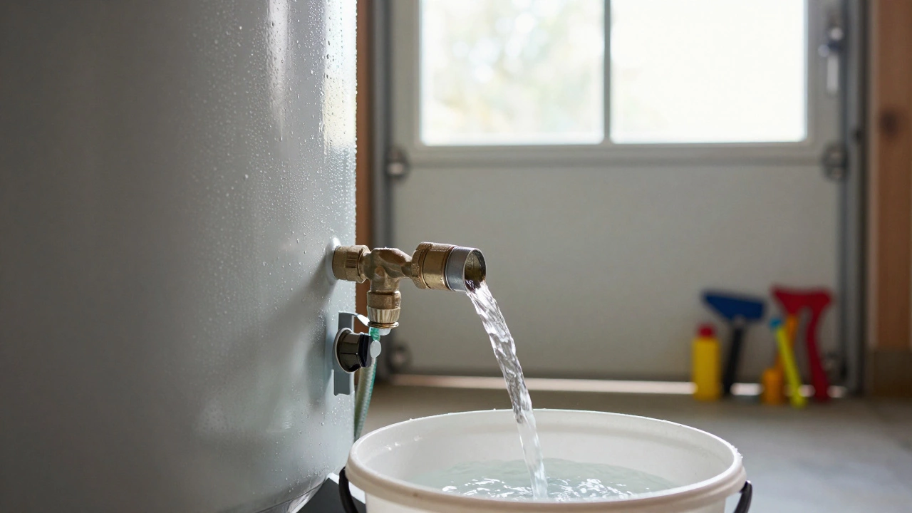 Water heater being flushed with hose draining sediment into a bucket.