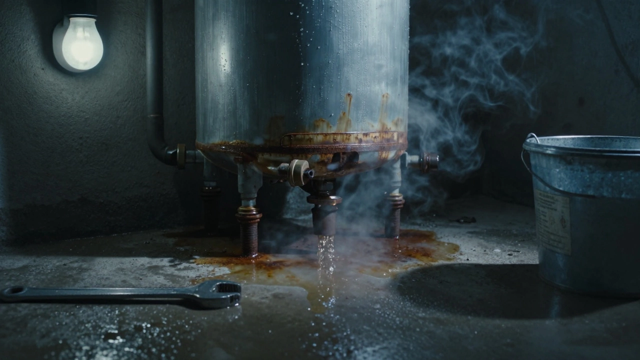 Water pooling on a basement floor beneath a leaking water heater with steam rising.