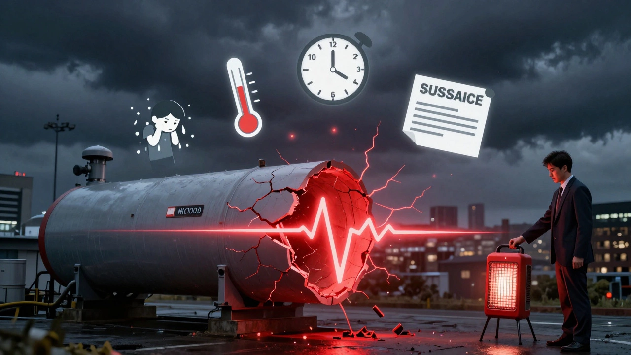 A cracked boiler with symbolic icons showing health risks, time pressure, and emergency support during a heating crisis.