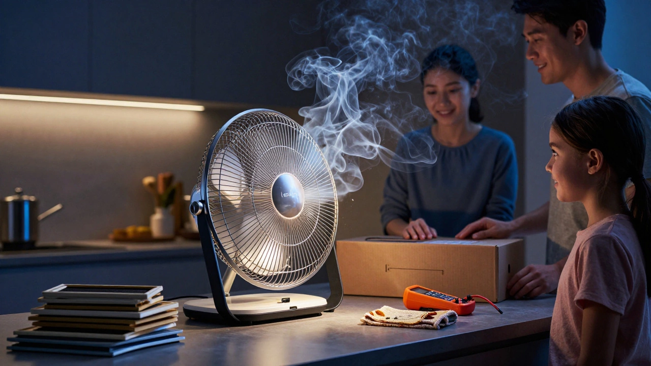 A family turning off a sparking old extractor fan while unboxing a new, quiet replacement.