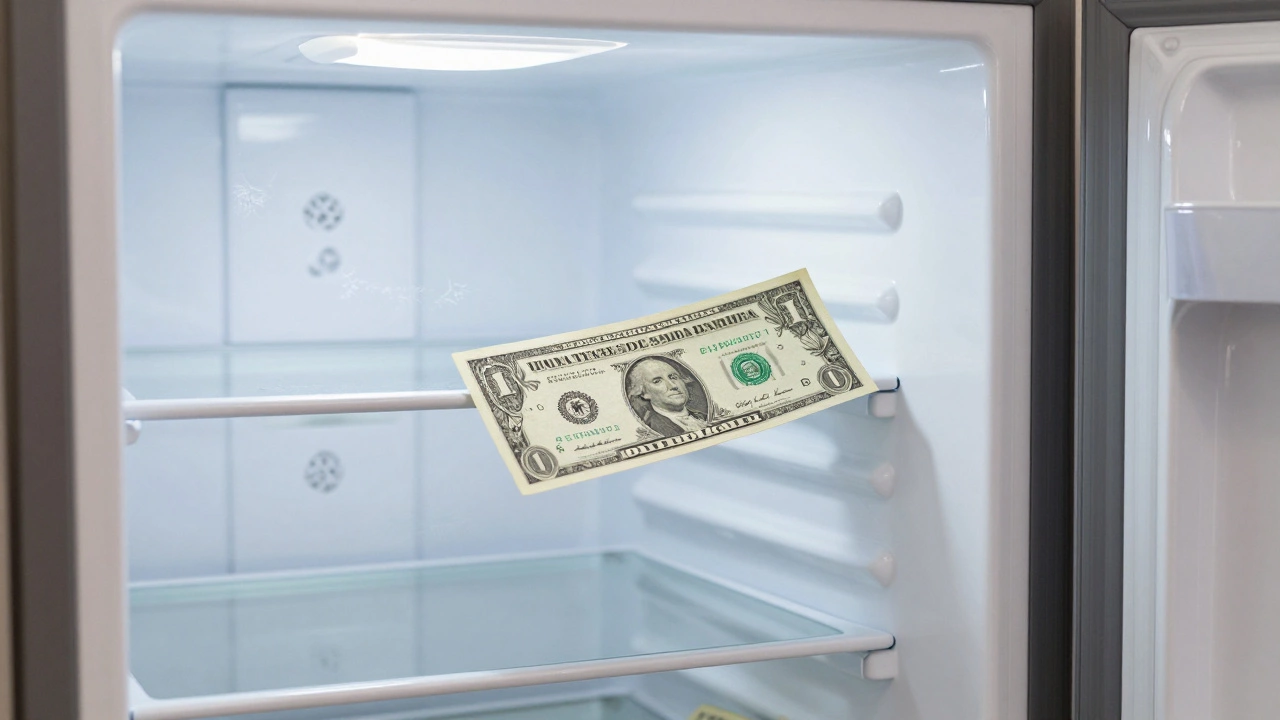 A freezer door seal tightly holding a dollar bill, indicating a good seal and proper function.