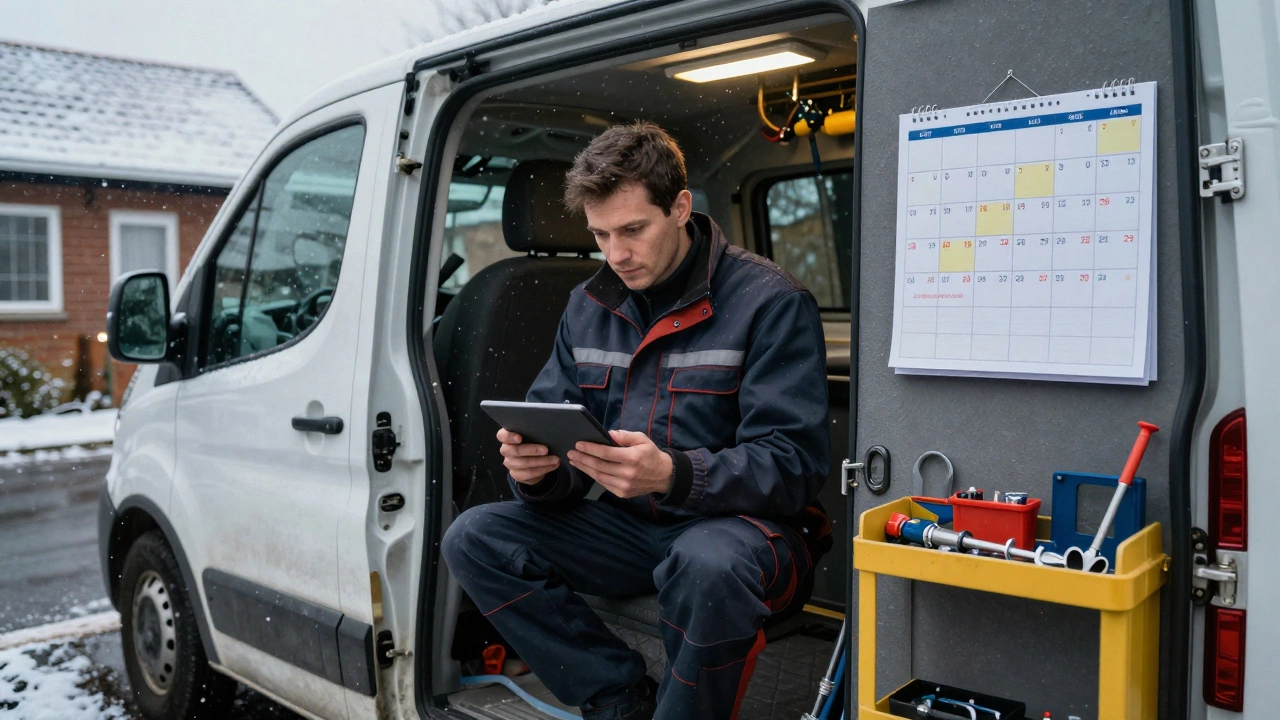 A Gas Safe plumber in a van reviewing diagnostics amid high winter demand in Wellington, with a calendar showing overloaded job slots.