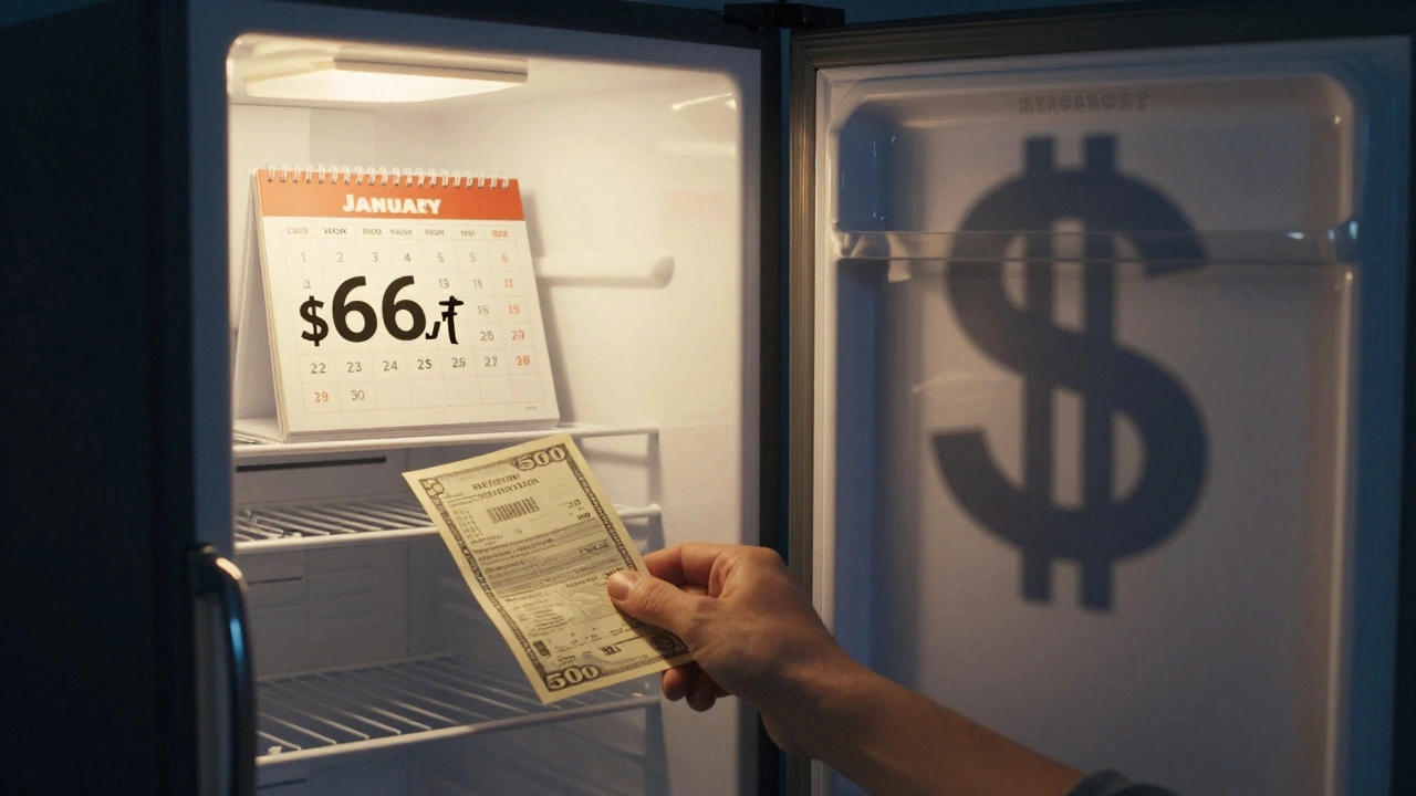 A hand placing a repair bill into a dark fridge while a new one glows nearby with a rising savings counter.