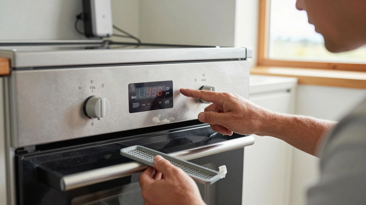 A person holding a replacement oven door gasket while inspecting a flickering control panel on an old oven near a coastal kitchen.