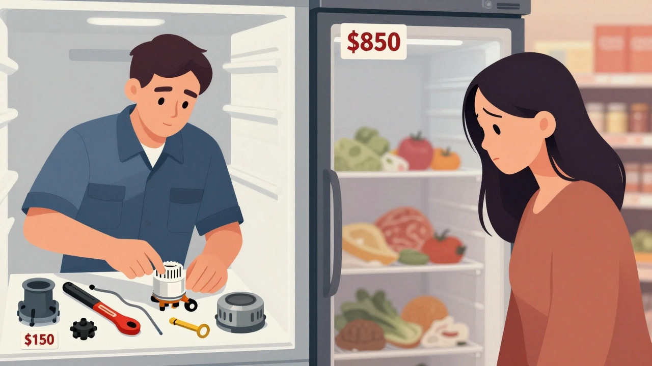 A split image showing a technician repairing a freezer versus someone considering buying a new one.