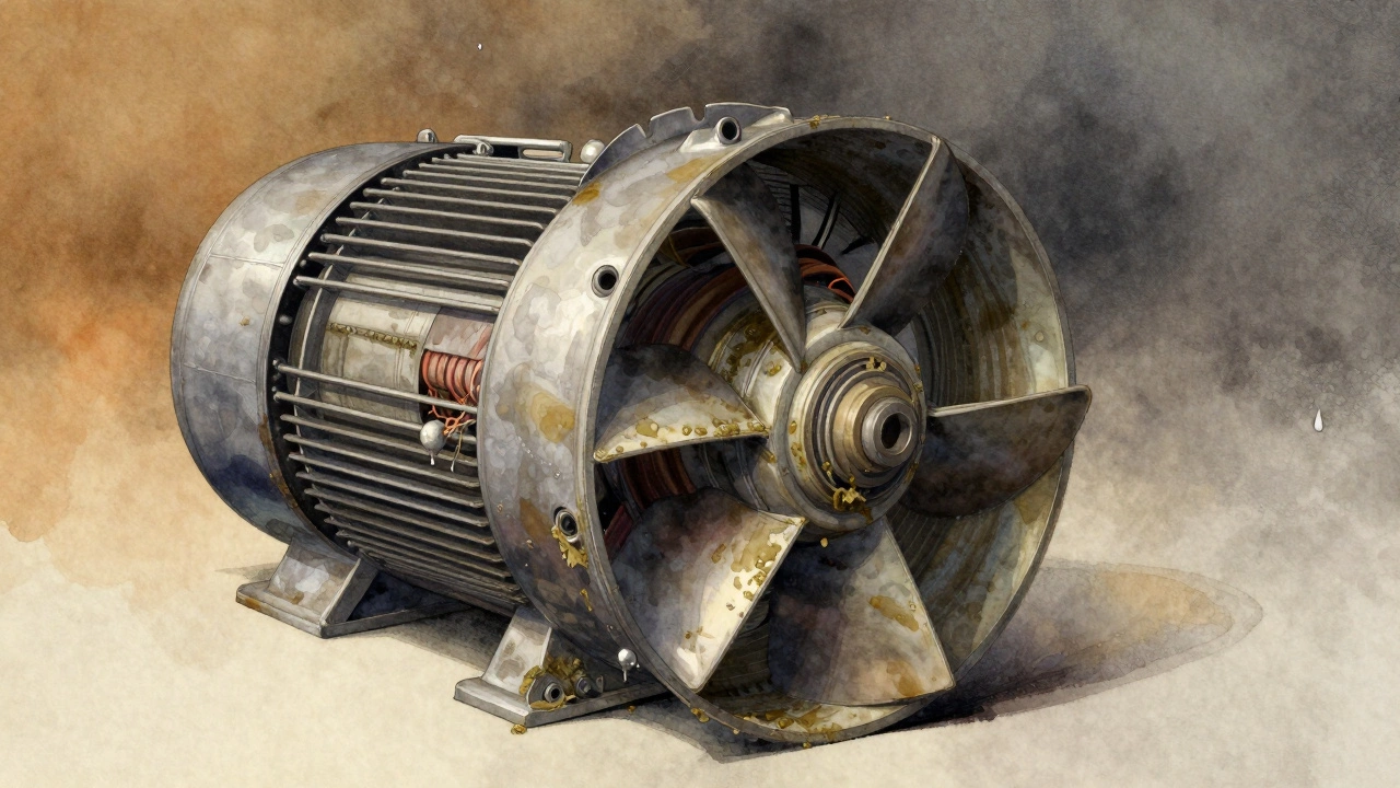 Detailed internal view of a worn extractor fan showing degraded motor, greasy bearings, and warped blades.