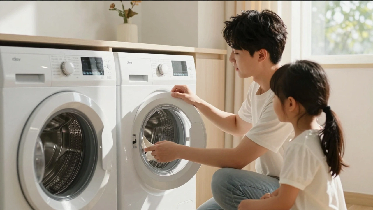 Family choosing a top-loading washing machine for large laundry needs.