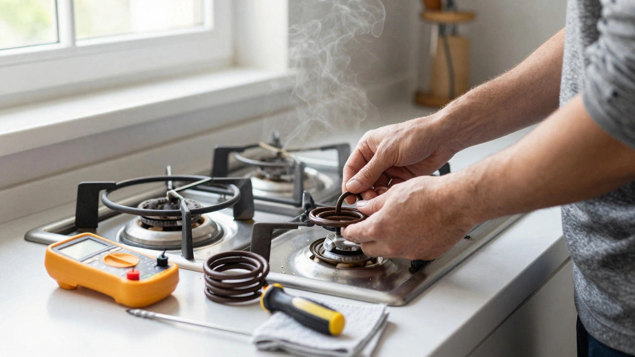 Homeowner replacing a stove burner element with tools and replacement part on counter.