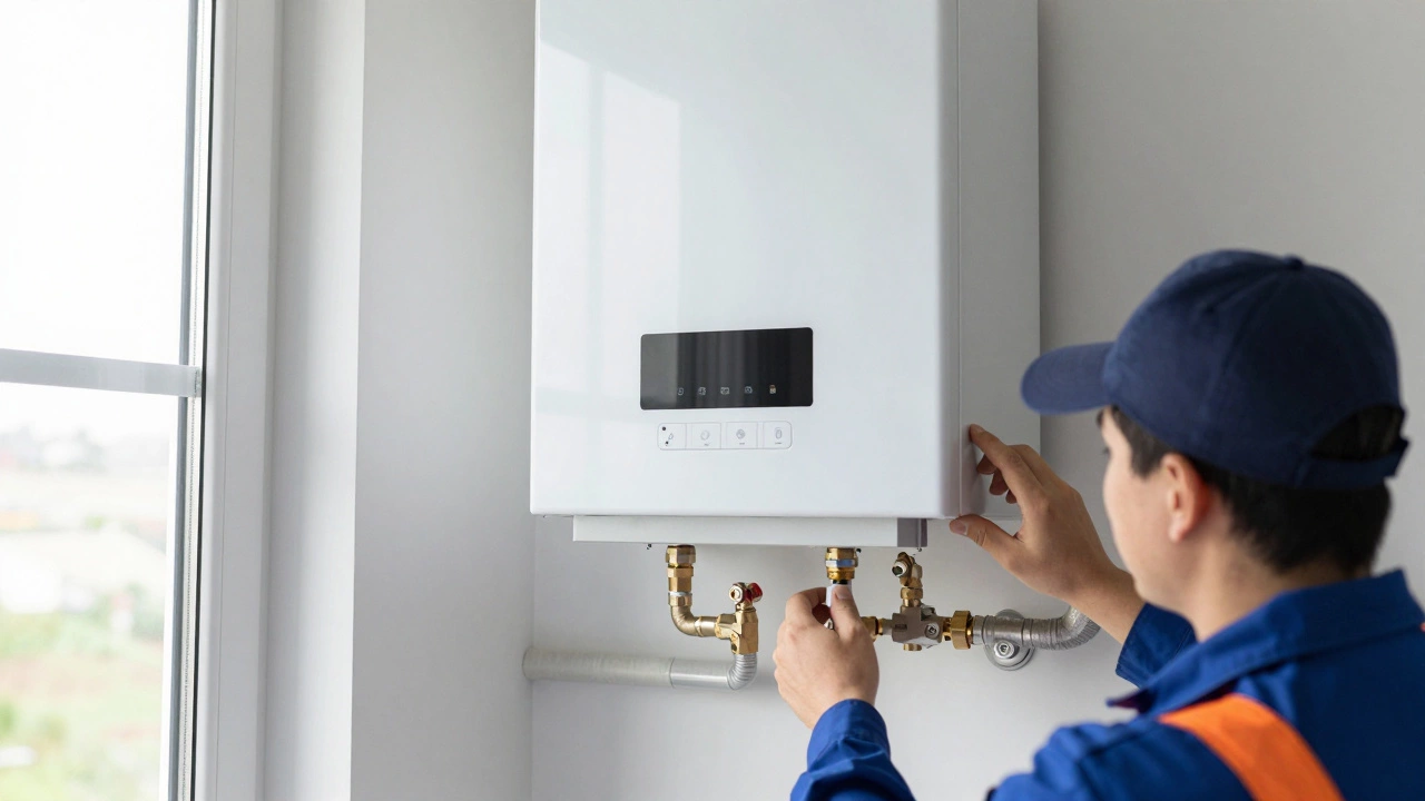 Installing a modern condensing boiler with new gas, water, and condensate connections through an exterior wall.