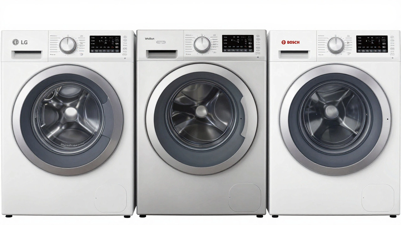 LG, Whirlpool, and Bosch washing machines showcasing distinct design features.