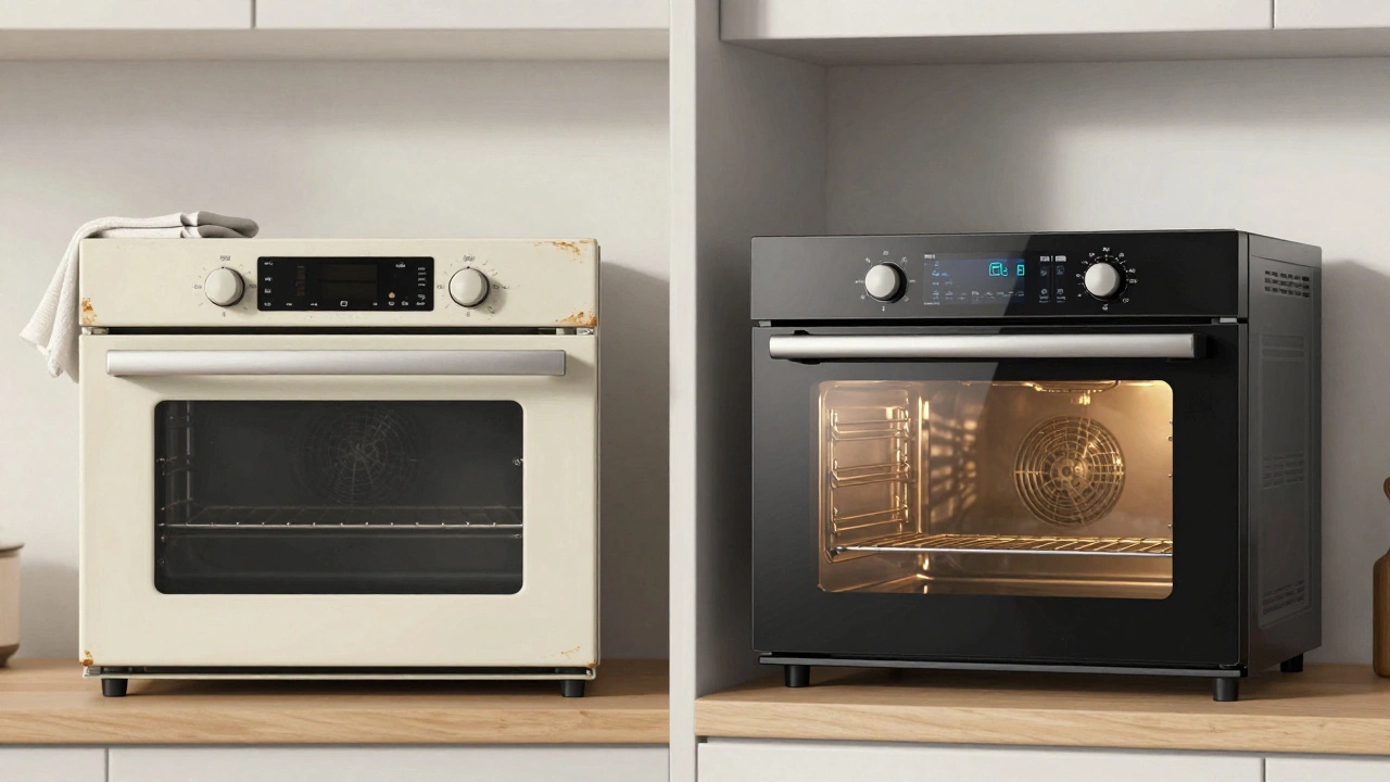 Side-by-side view of a 24-year-old oven and a modern energy-efficient oven in identical kitchen settings.
