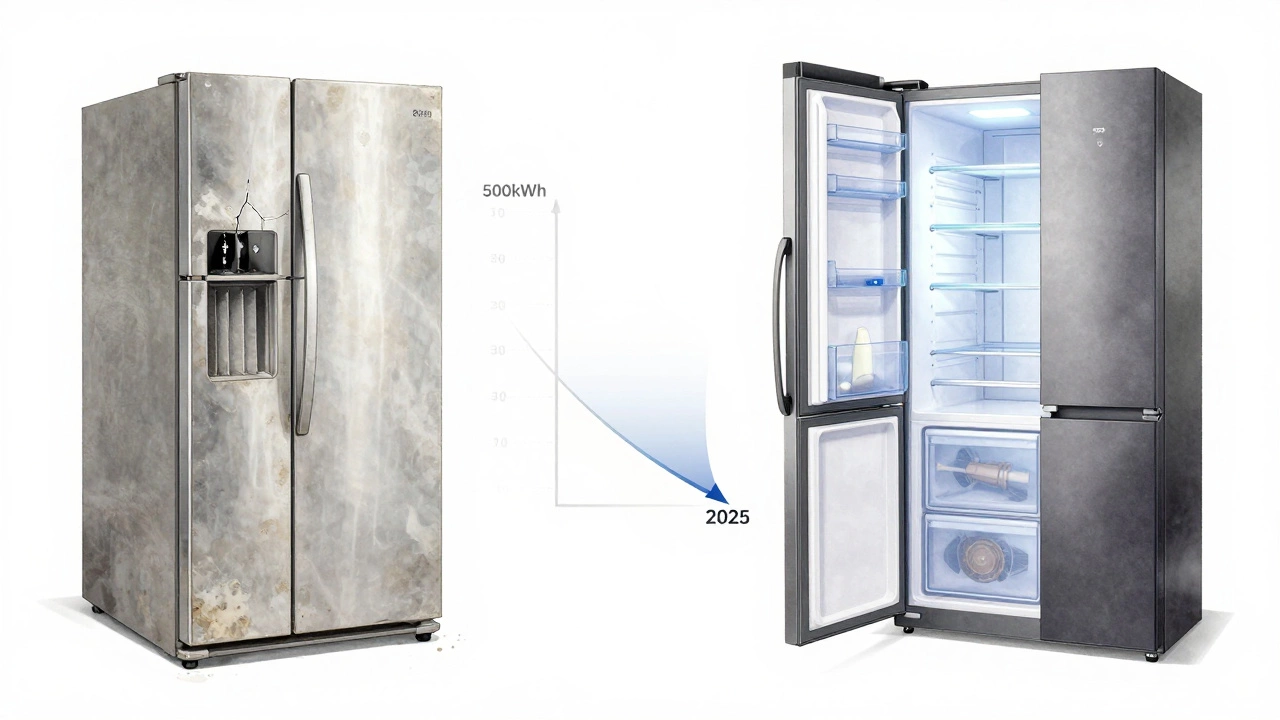 Split image comparing an old, dusty refrigerator with a modern, energy-efficient model and a fading energy usage graph.