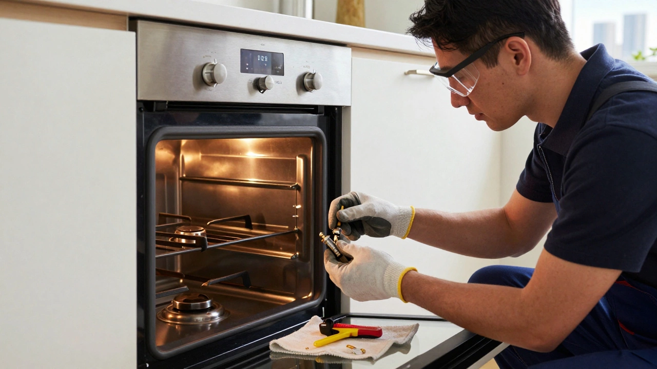 Technician replacing a gas oven igniter inside a Fisher &amp; Paykel oven.