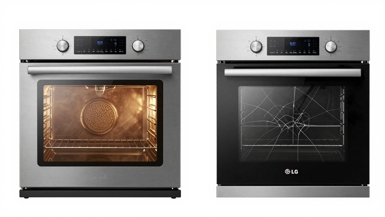 A Bosch oven with durable components beside a malfunctioning LG smart oven with cracked touchscreen.