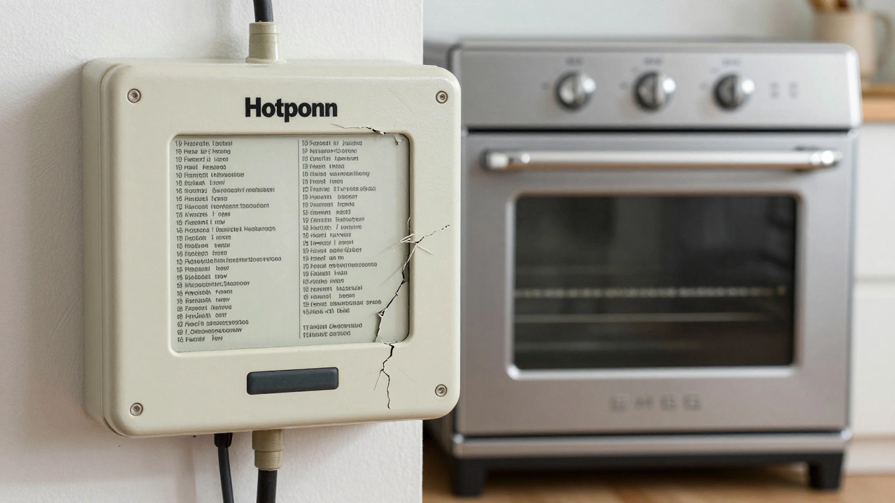 A broken Hotpoint control panel next to a functioning Smeg oven, highlighting reliability differences.