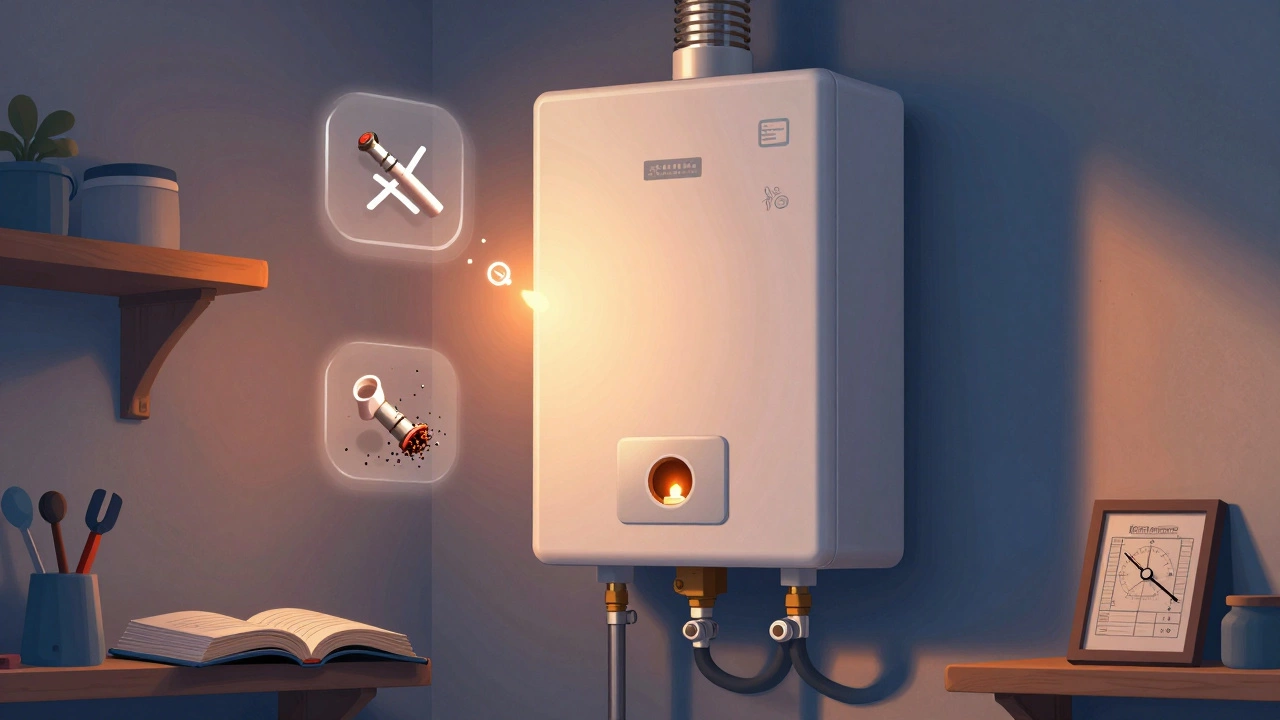 A gas water heater with a flickering pilot light, surrounded by icons of common failures like sediment and a broken thermocouple.