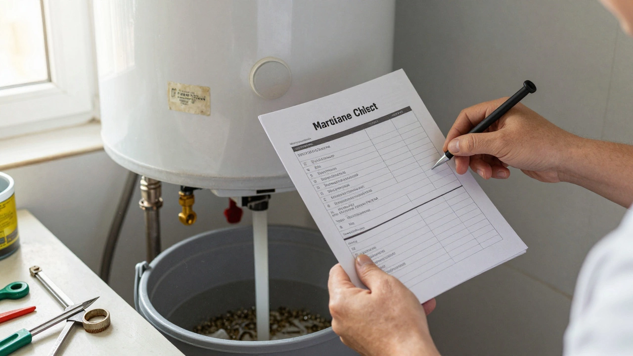 A homeowner performing maintenance on a water heater, draining sediment and replacing a heating element with tools nearby.