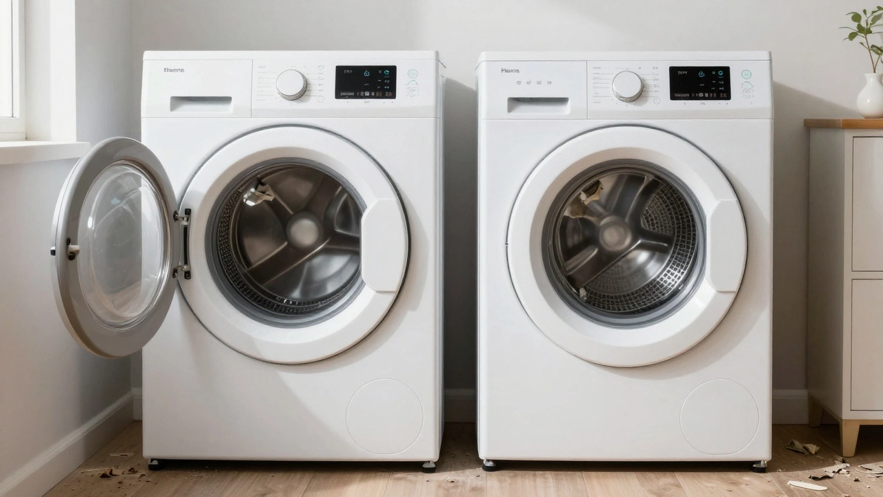 A modern energy-efficient dryer next to an old broken one, highlighting repair vs replacement.