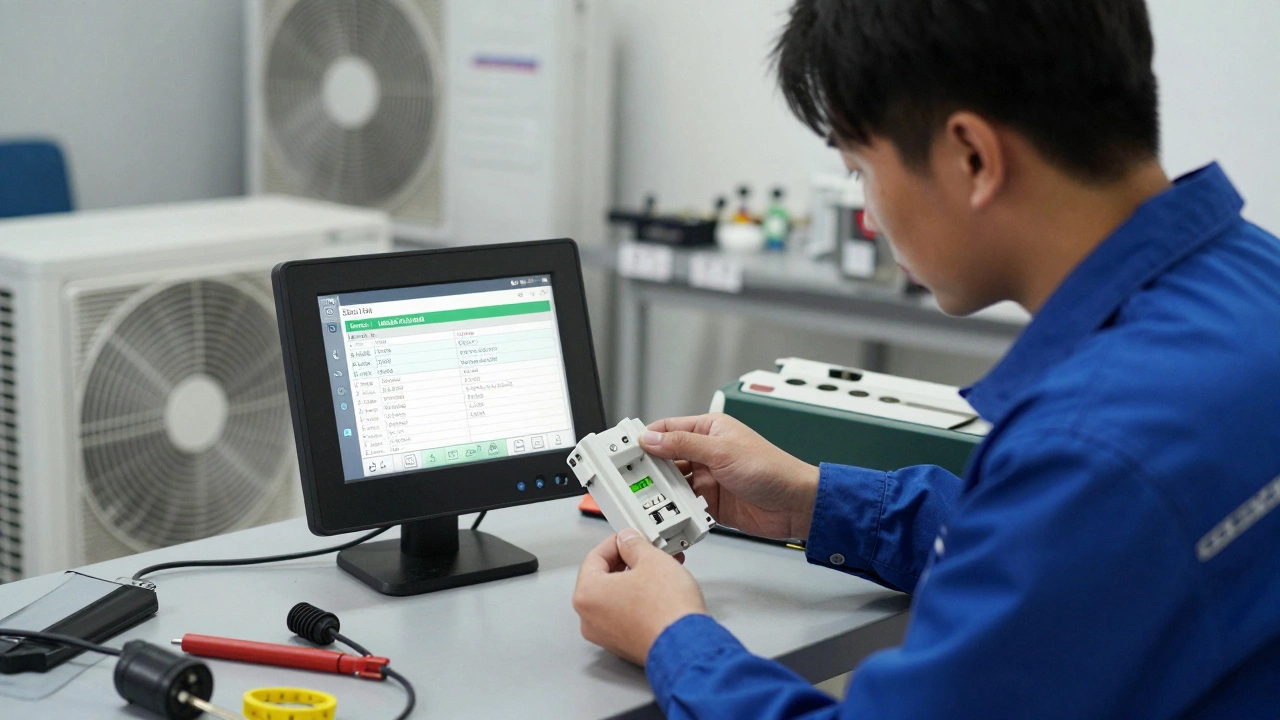A technician diagnosing a modern heat pump dryer with replacement parts on a workbench.