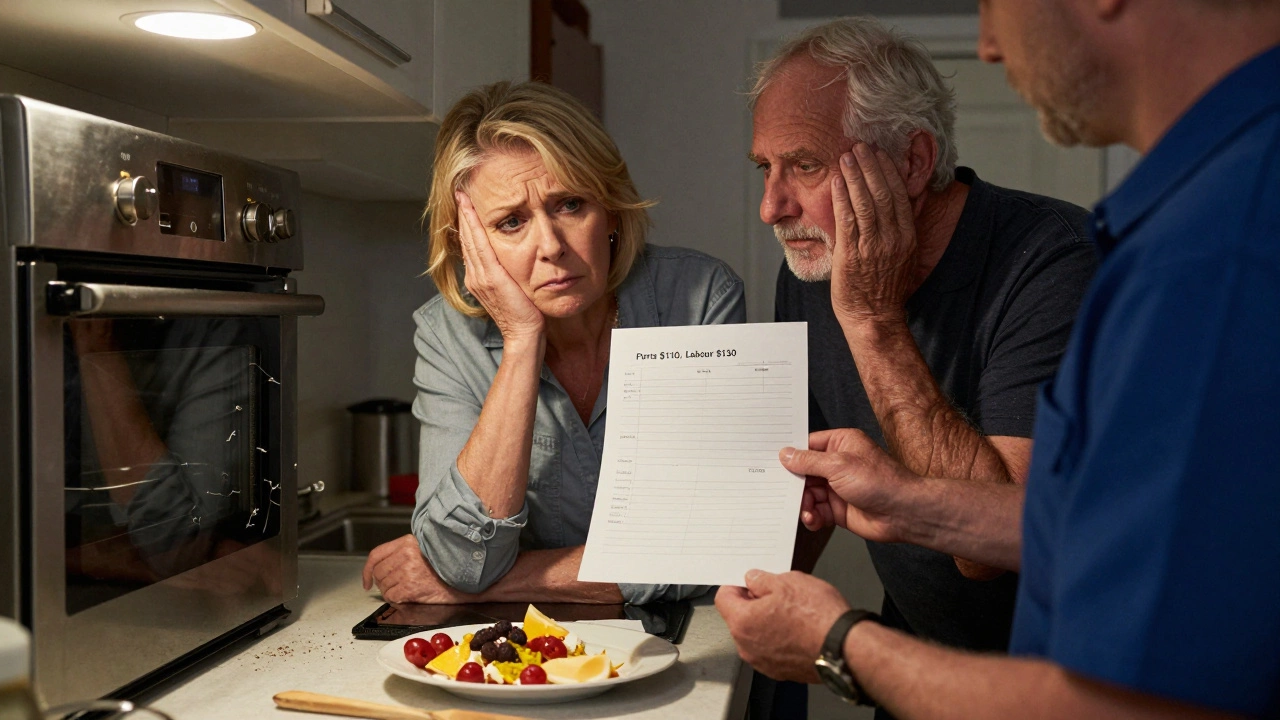 An elderly couple looking at a broken oven while a technician holds a repair estimate.