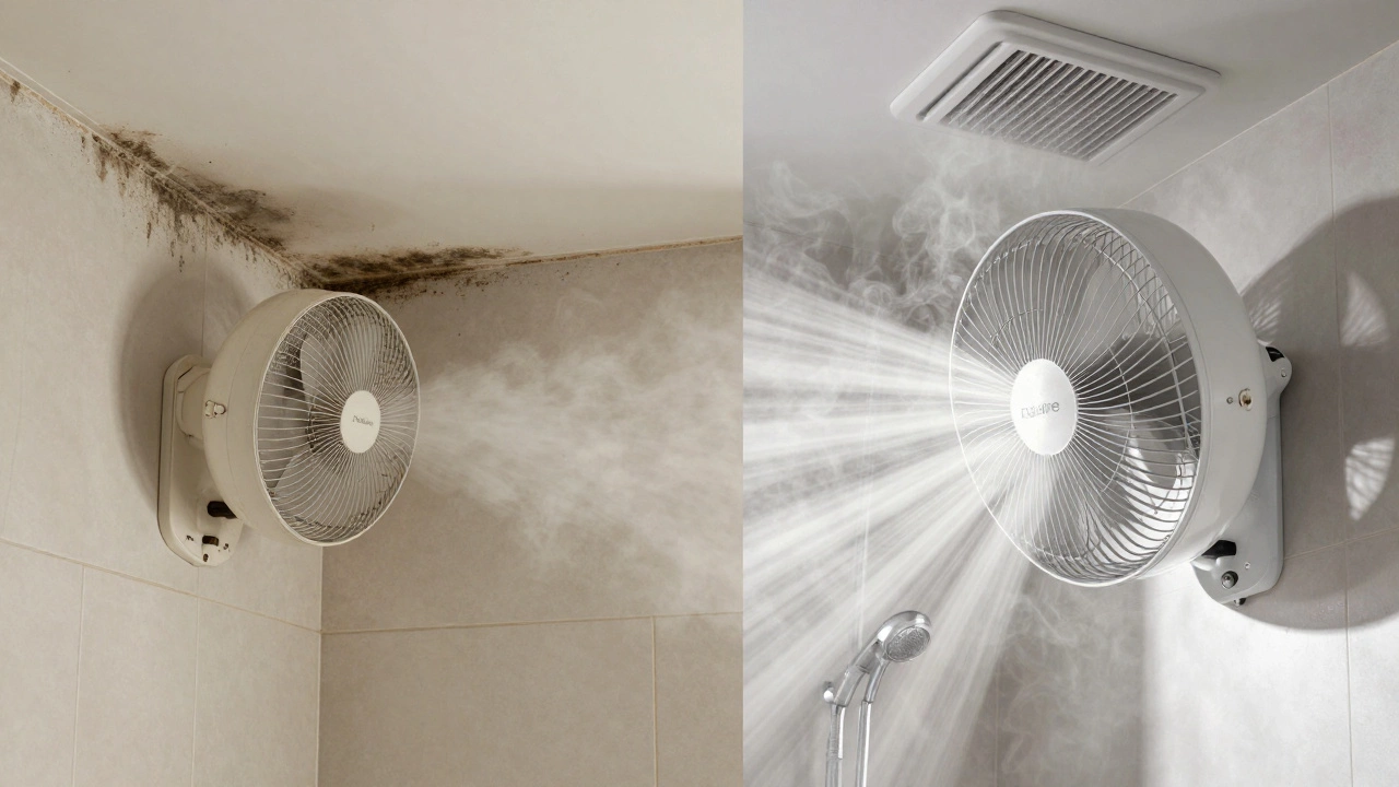 Before-and-after view of moldy bathroom wall versus clean, ventilated space with new extractor fan.