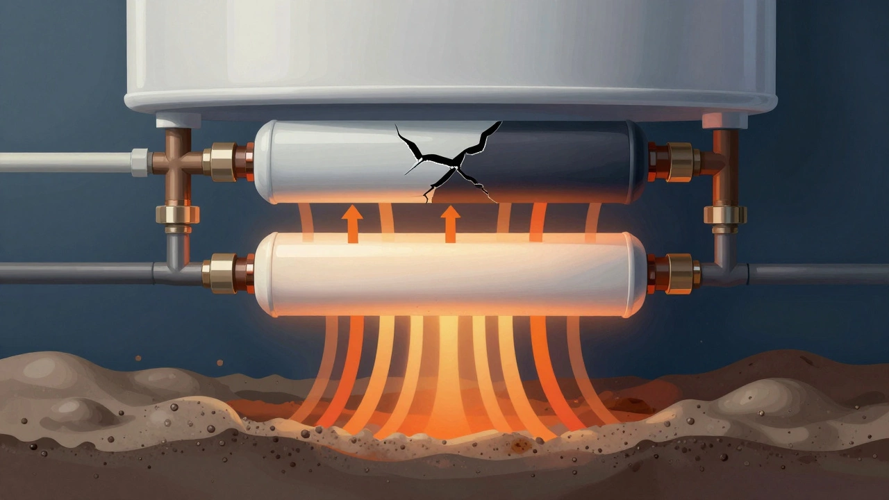 Cross-section of electric water heater showing one failed and one functional heating element with sediment buildup.