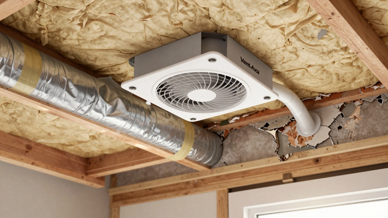 Cross-section view of a new extractor fan installed with clean duct connection inside a ceiling cavity.