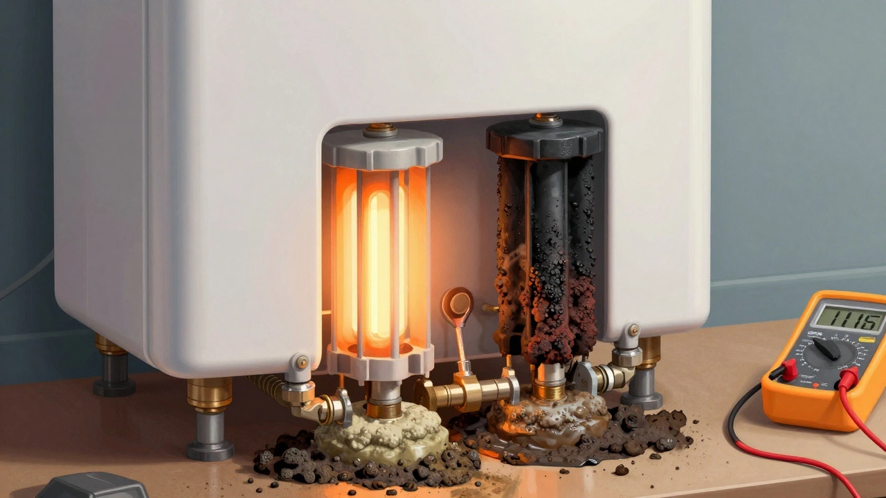 Electric water heater with one burnt heating element and sediment buildup at the bottom.