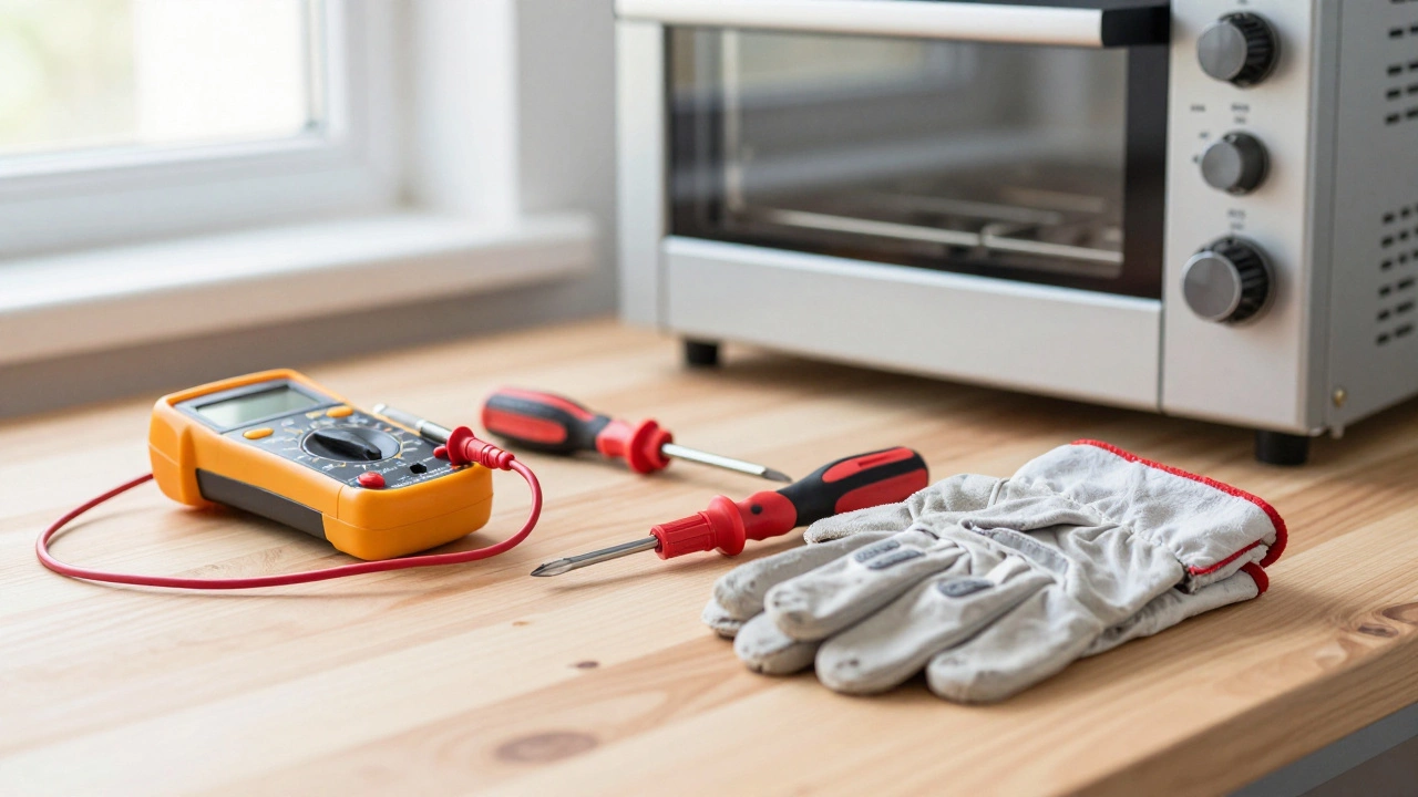 Electrical safety tools on wooden workbench surface