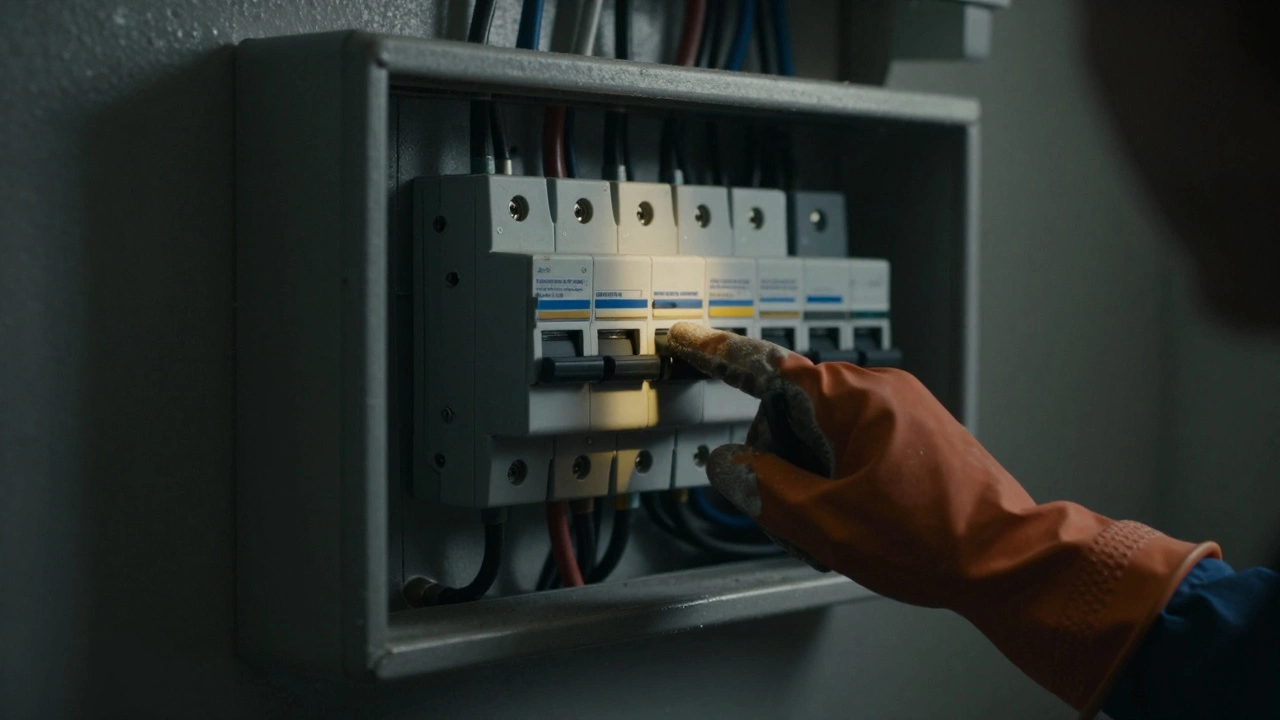 Gloved hand near home circuit breaker panel switch