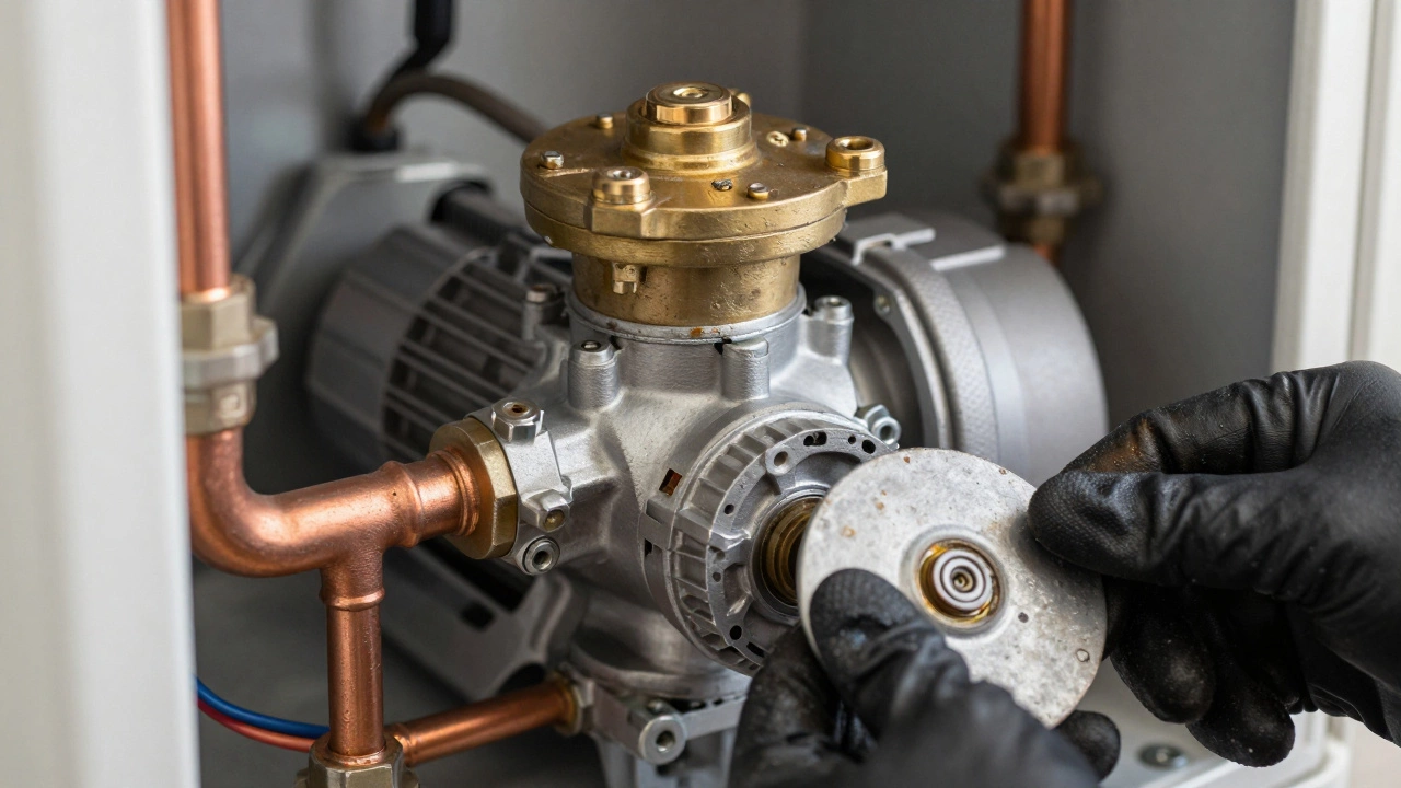 Macro view of internal boiler pipes and circulator pump components.