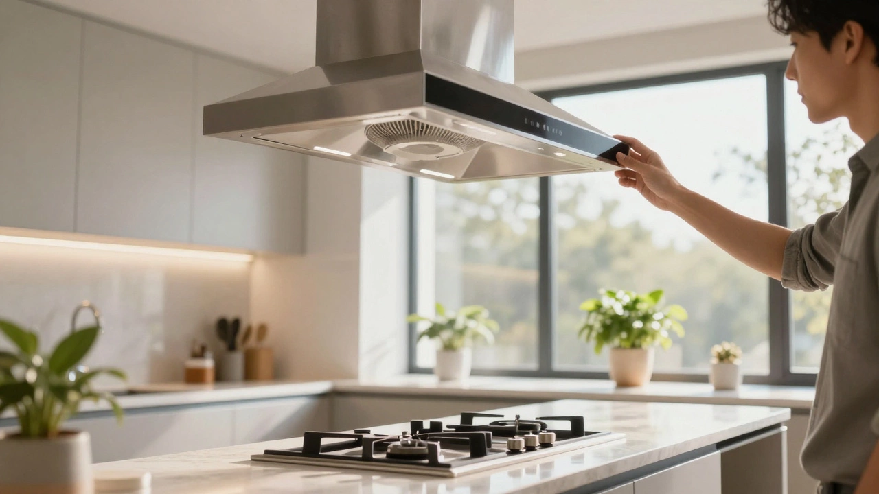 Modern kitchen interior with newly installed ventilation hood.