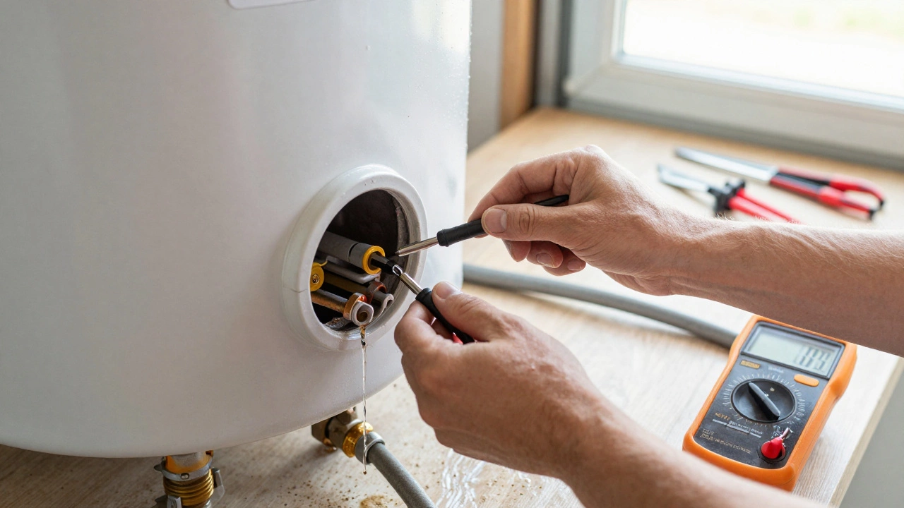 Person installing a new water heater element, drain hose connected, sediment visible on work surface.
