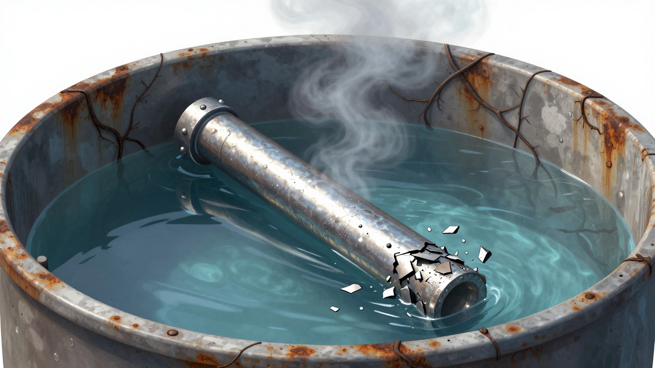 Sacrificial anode rod dissolving inside a tank as rust spreads along the inner walls.