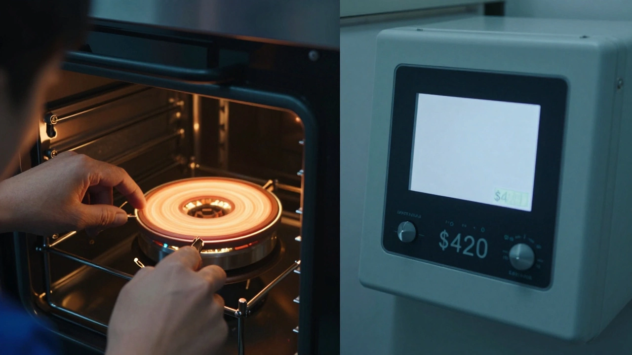 Split view of a technician replacing a heating element and a blank oven control panel.