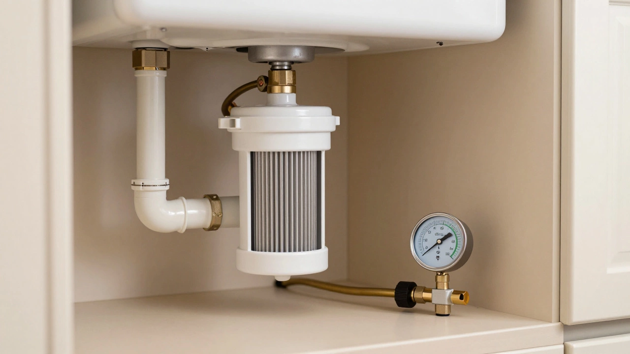 Under sink magnetic filter and pressure gauge for maintenance.