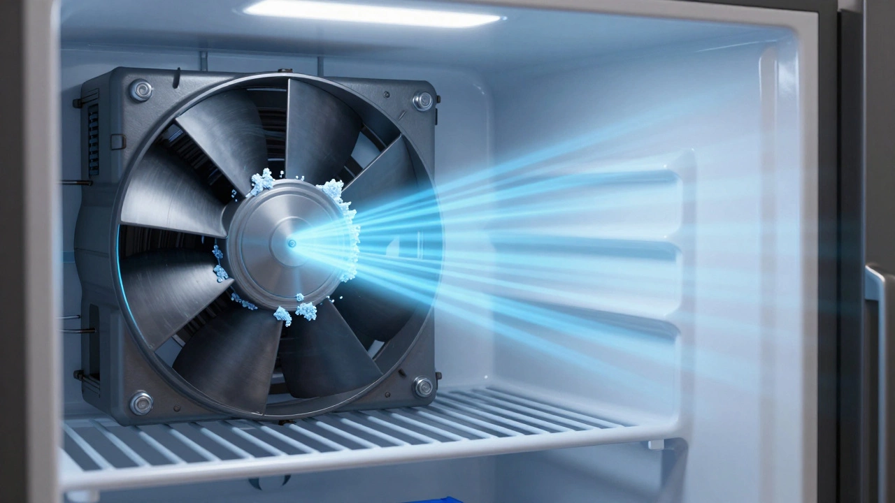 3D render of a refrigerator evaporator fan jammed by ice with blue airflow.