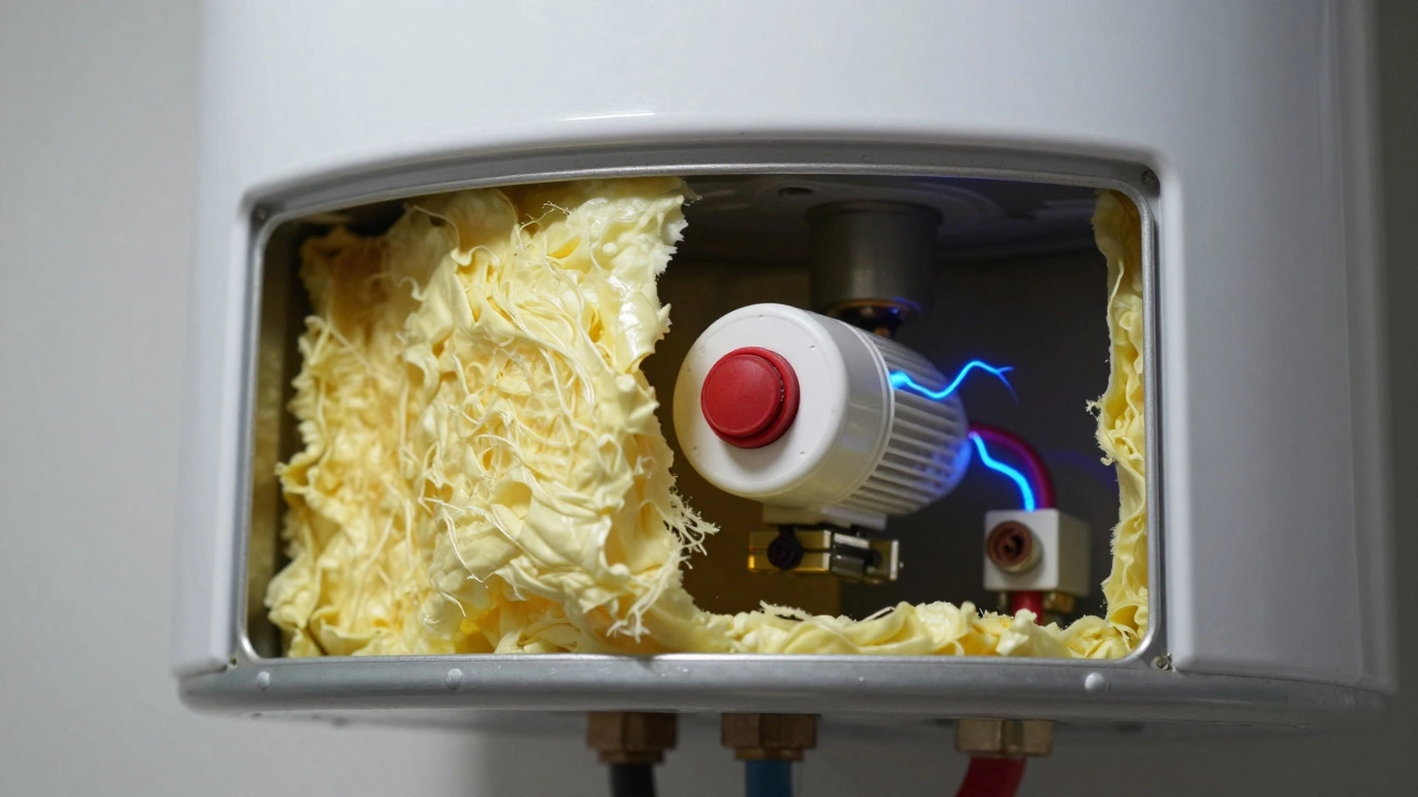 A close-up of a red reset button on a water heater thermostat with insulation.