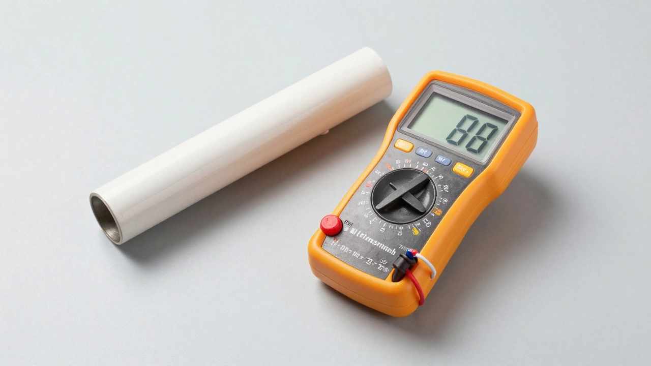 A digital multimeter and a water heater heating element on a workbench.