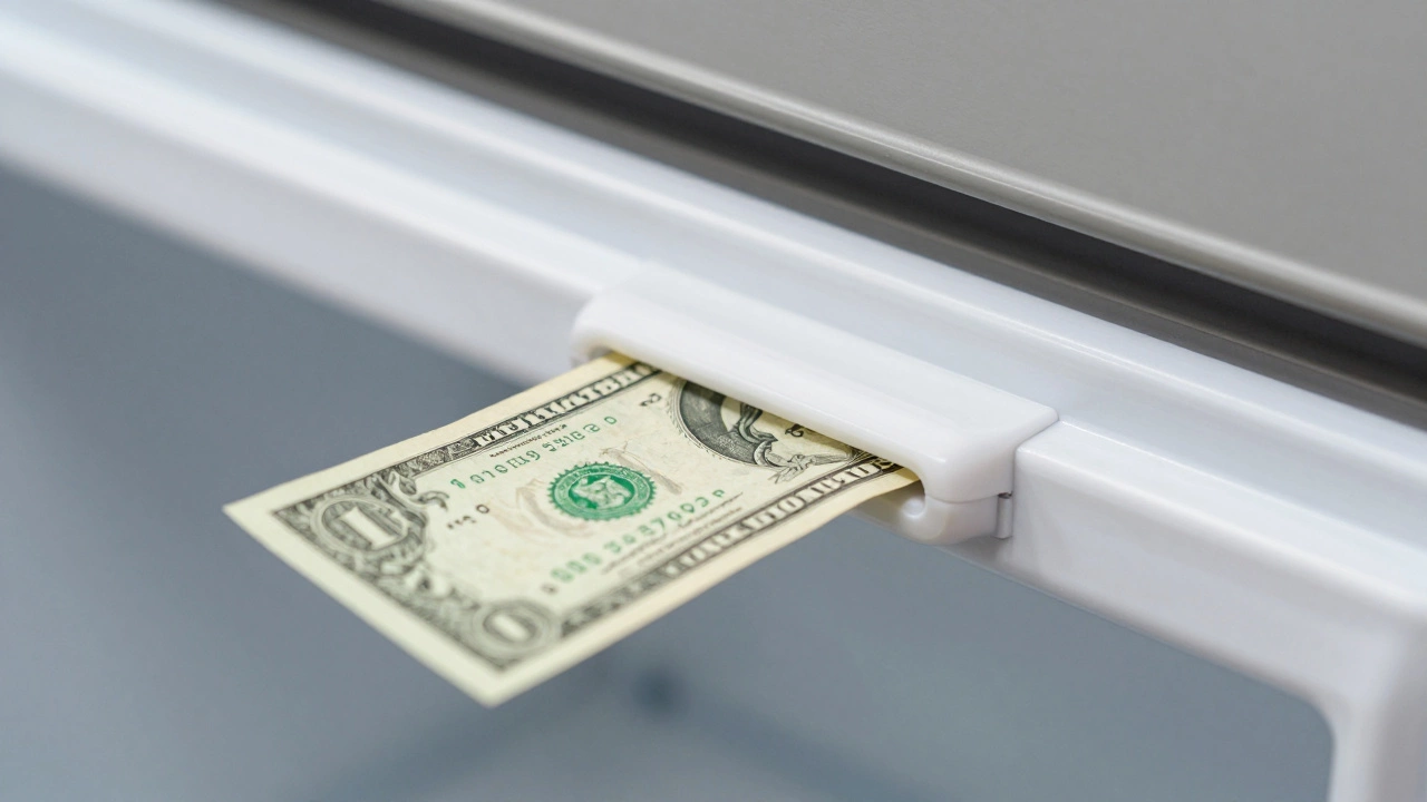 A dollar bill being used to test the seal of a refrigerator door gasket.