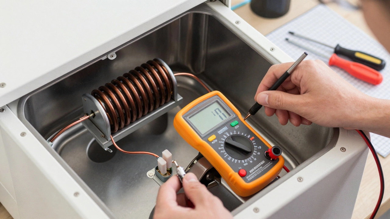 A multimeter testing a thermal fuse inside an open dryer cabinet