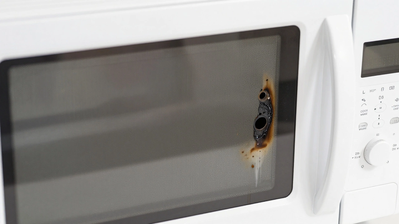 Close-up of a burnt and charred mica waveguide cover in a microwave