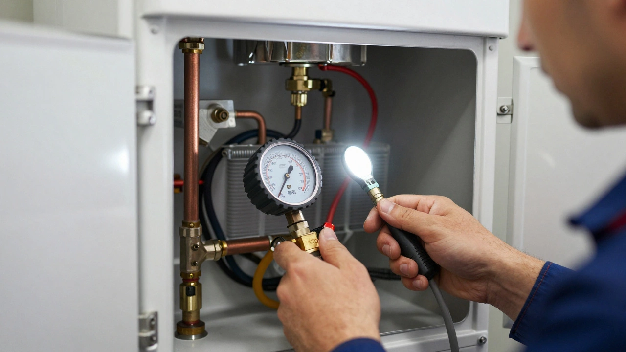 Close-up of a professional engineer testing the internal components of a boiler.