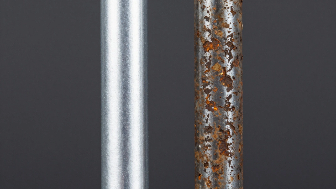 Comparison between a new silver anode rod and a heavily corroded, rusted anode rod