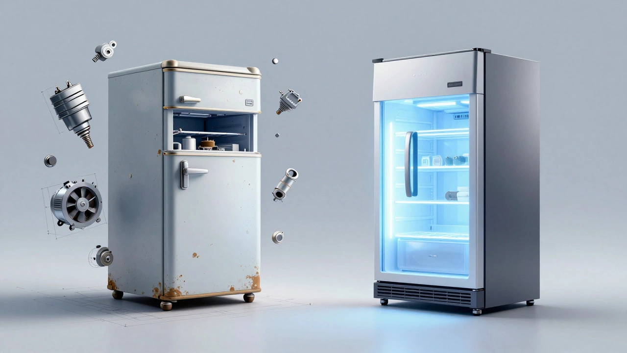 Comparison between old freezer mechanical parts and a modern efficient freezer.