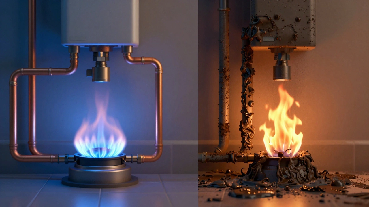 Conceptual comparison of clean pipes with a blue flame versus sludge-filled pipes.