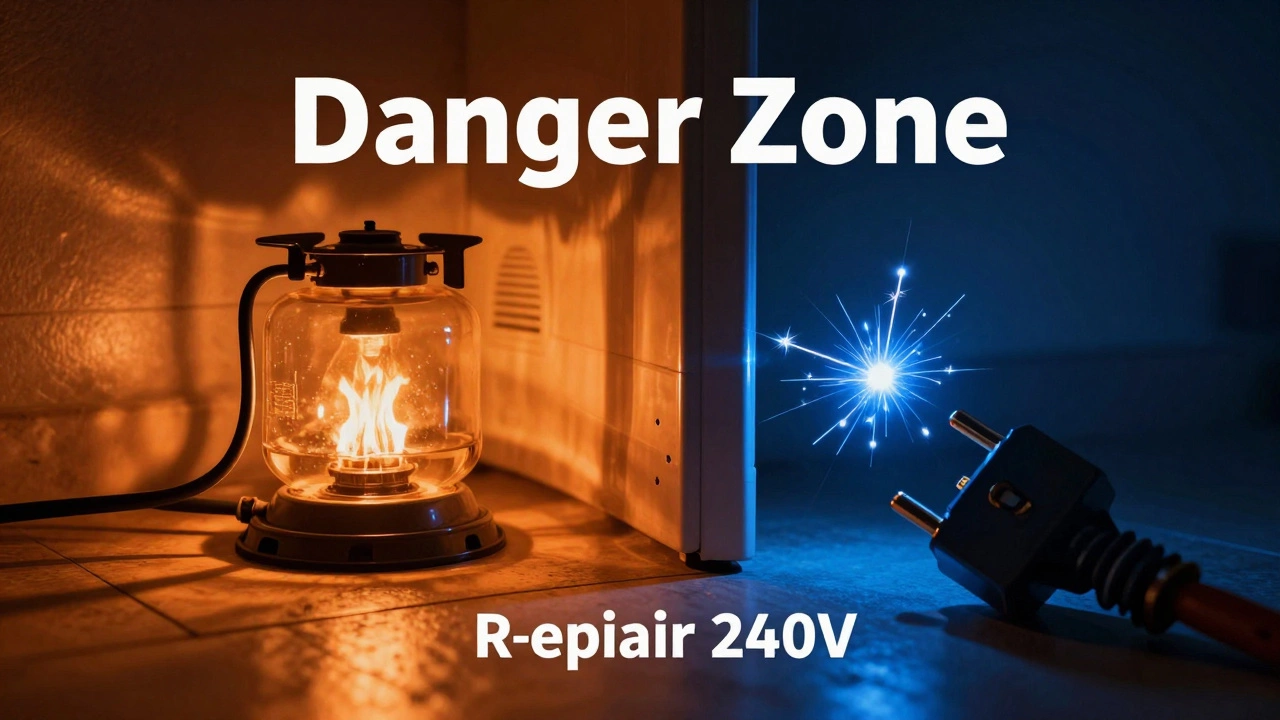 Conceptual imagery of gas and electrical hazards in appliance repair