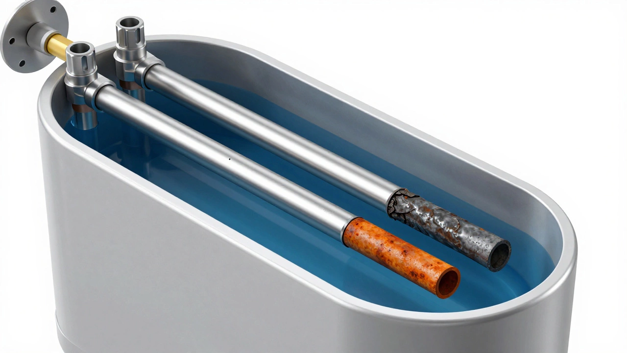 Cross-section of a water heater tank showing a new anode rod versus a corroded one