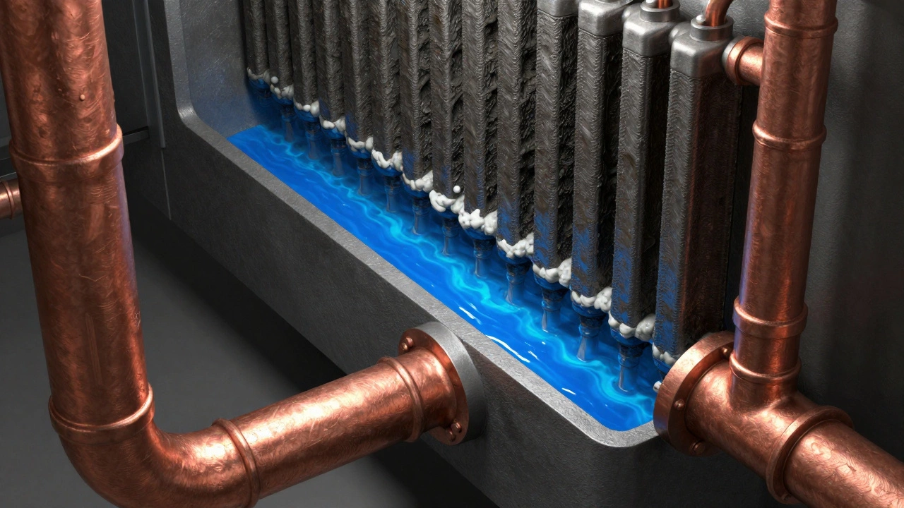 Cross-section of boiler pipes showing sludge and calcium buildup restricting water flow.