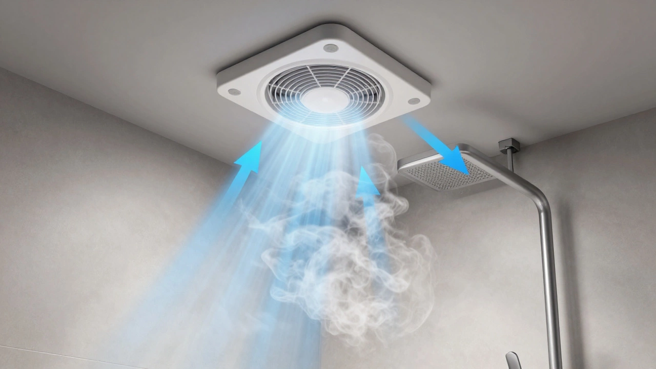 Diagram of a bathroom extractor fan pulling steam through a duct to the outdoors.